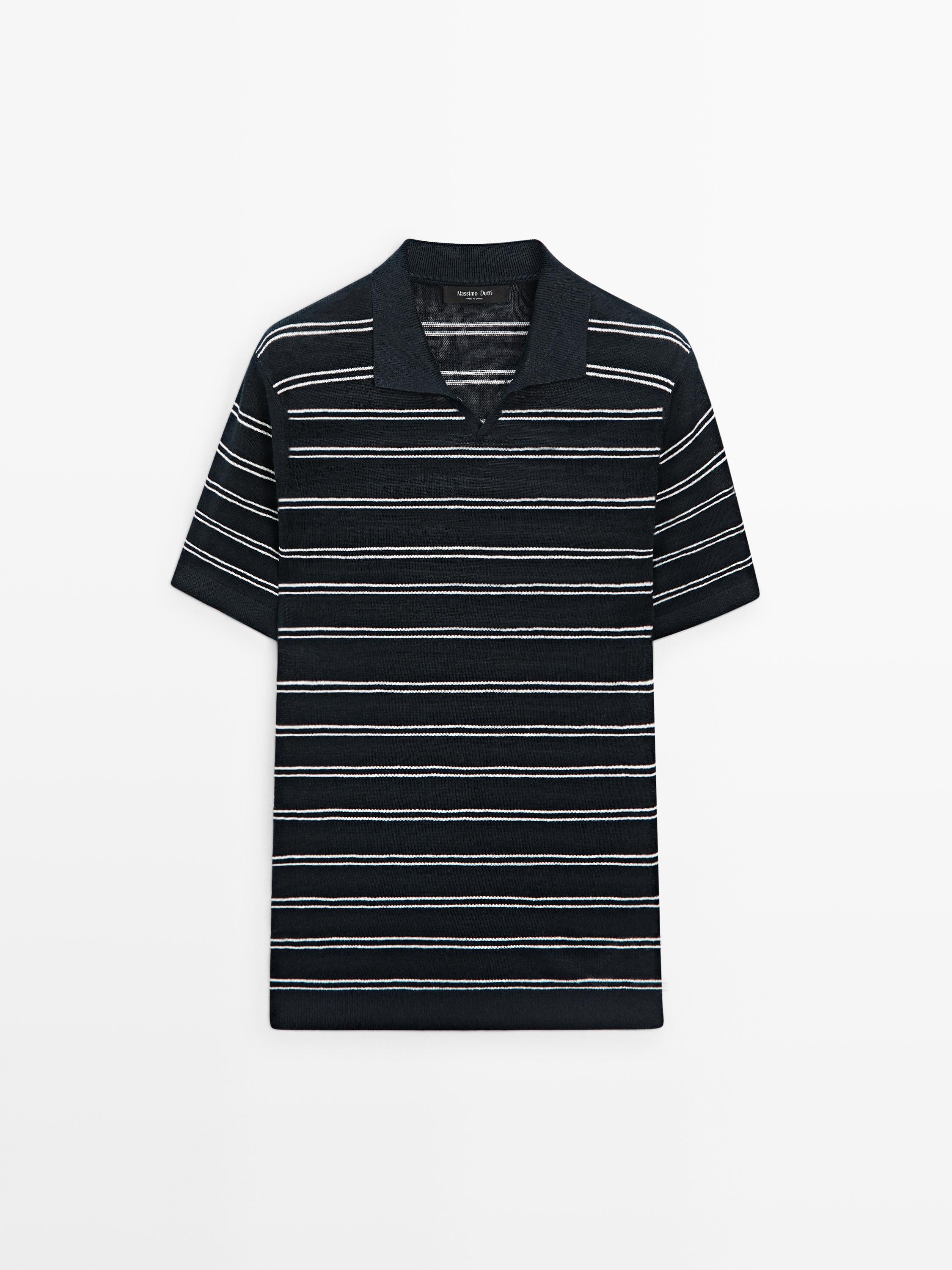 Striped 100% linen V-neck polo shirt